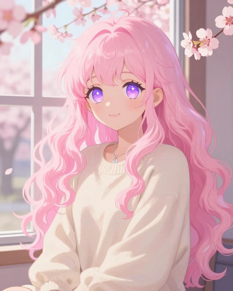 Pastel Pink Anime Girl Portrait with Cherry Blossoms