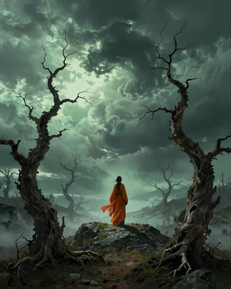 Mystical Fantasy Landscape with Lone Figure in Orange Robes