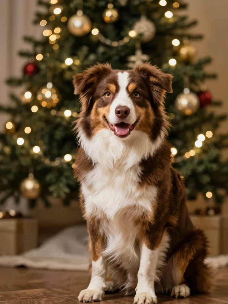 Australian Shepherd Dog Sits Pretty by Christmas Tree