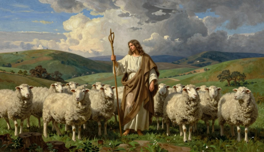 Serene Pastoral Landscape with Shepherd and Flock