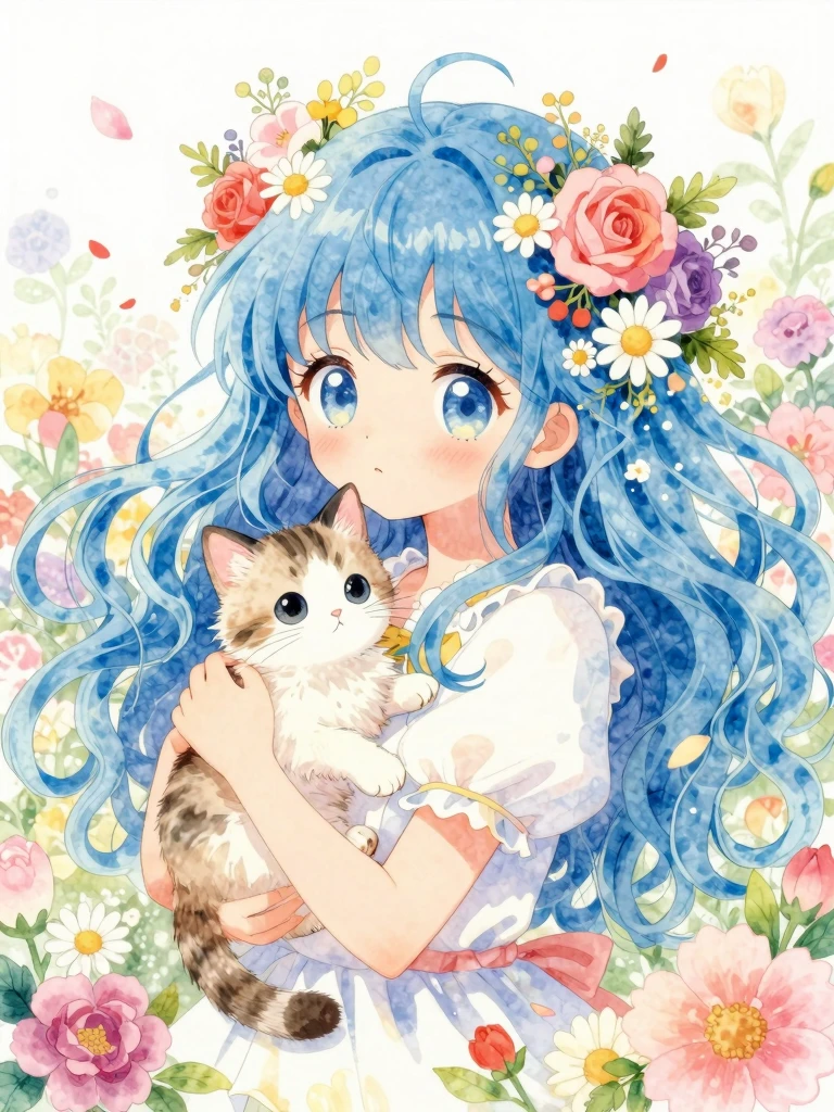 Whimsical Anime Girl with Kitten in Floral Wonderland Whimsical Anime Girl with Kitten in Floral Wonderland