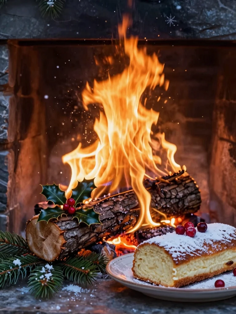 Cozy Winter Solstice Scene with Yule Log and Holiday Treats