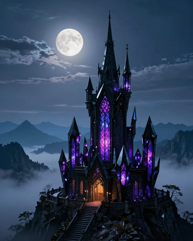 Dark Fantasy Gothic Castle: Majestic Obsidian Spire in the Night Sky