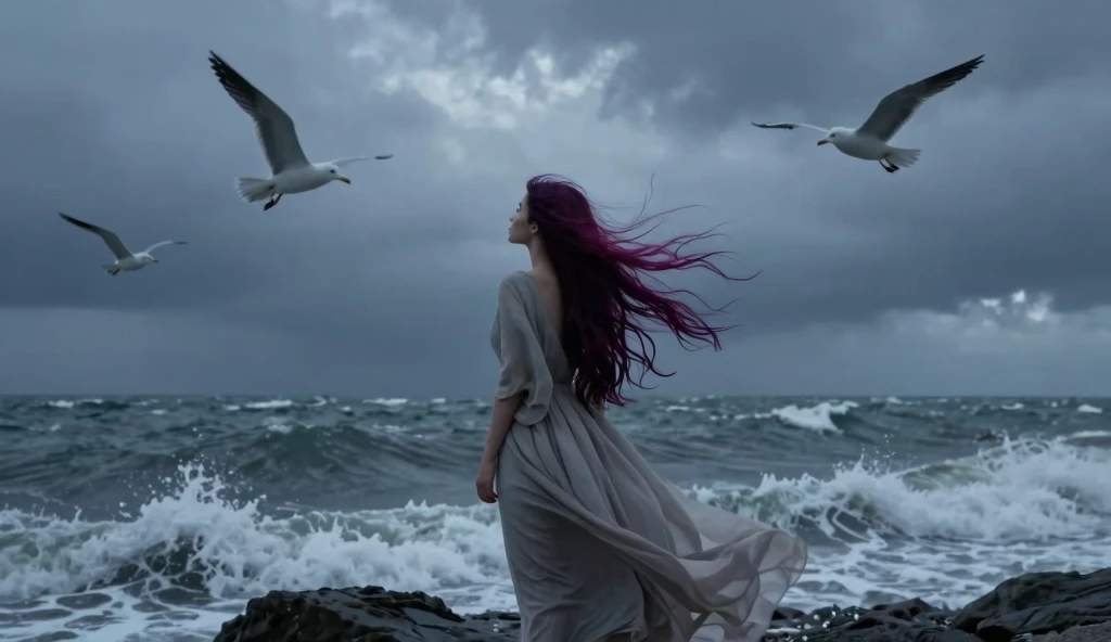 Dramatic Seascape: Solitary Woman Amidst Turbulent Waves