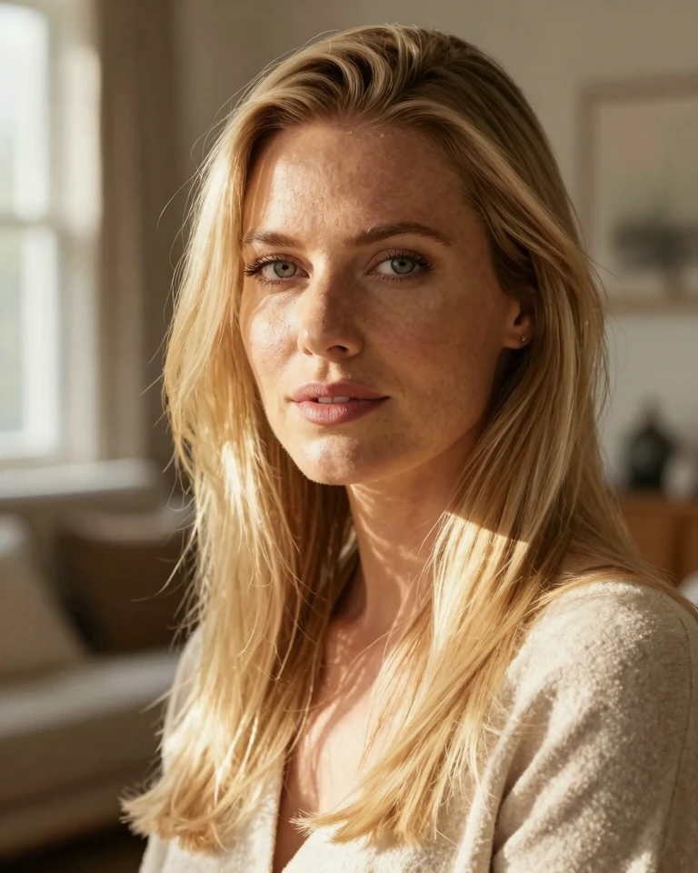 Cozy Portrait of a Blonde Woman in Warm Natural Light