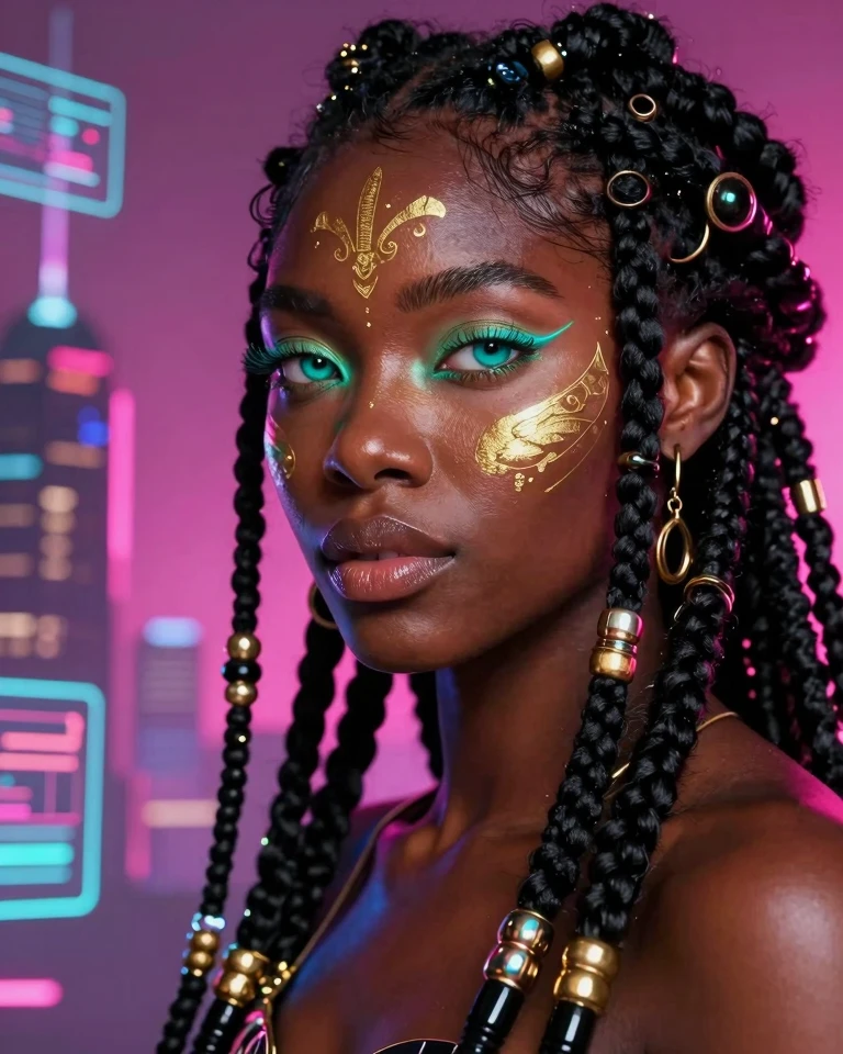 Afro-Futurist Queen: Vibrant Portrait of Black Woman with Intricate Gold Markings
