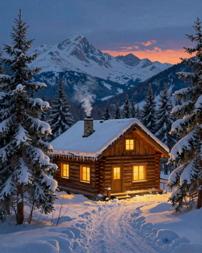 Winter Wonderland Log Cabin Retreat at Twilight
