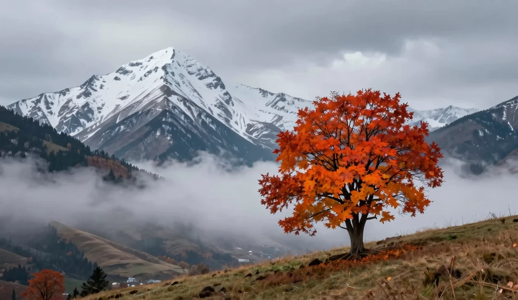 Vibrant Autumn Landscape: Majestic Maple Tree Against Snow-Capped Mountains