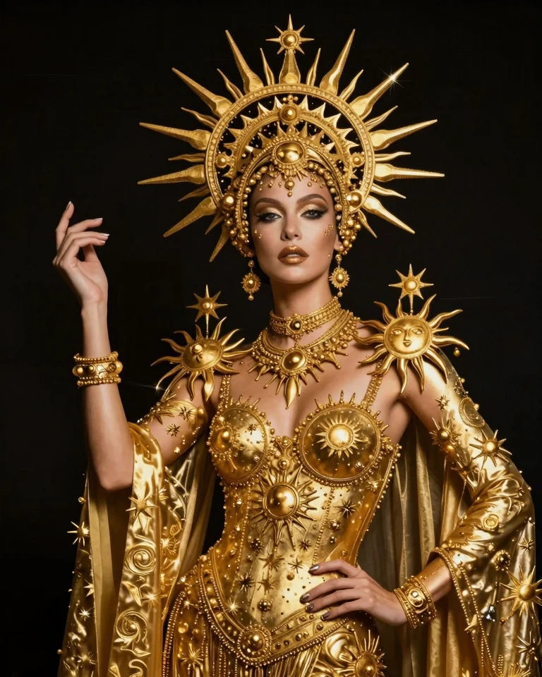 Cosmic Haute Couture: Golden Celestial Portrait