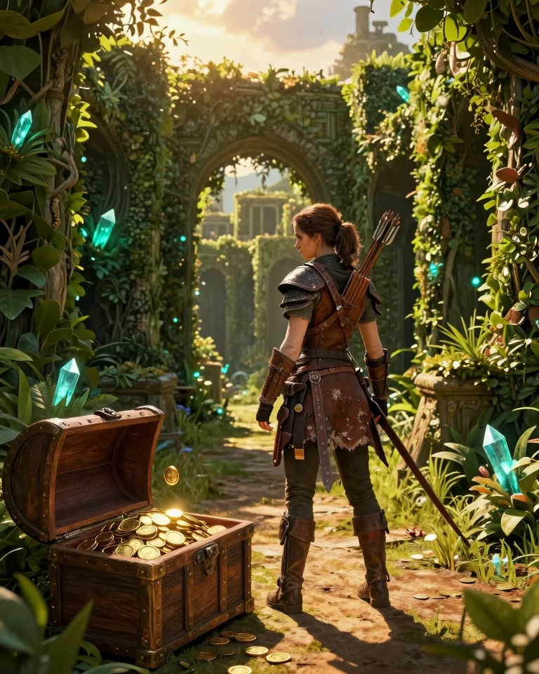 Female Archer in Ancient Hedge Maze at Golden Hour