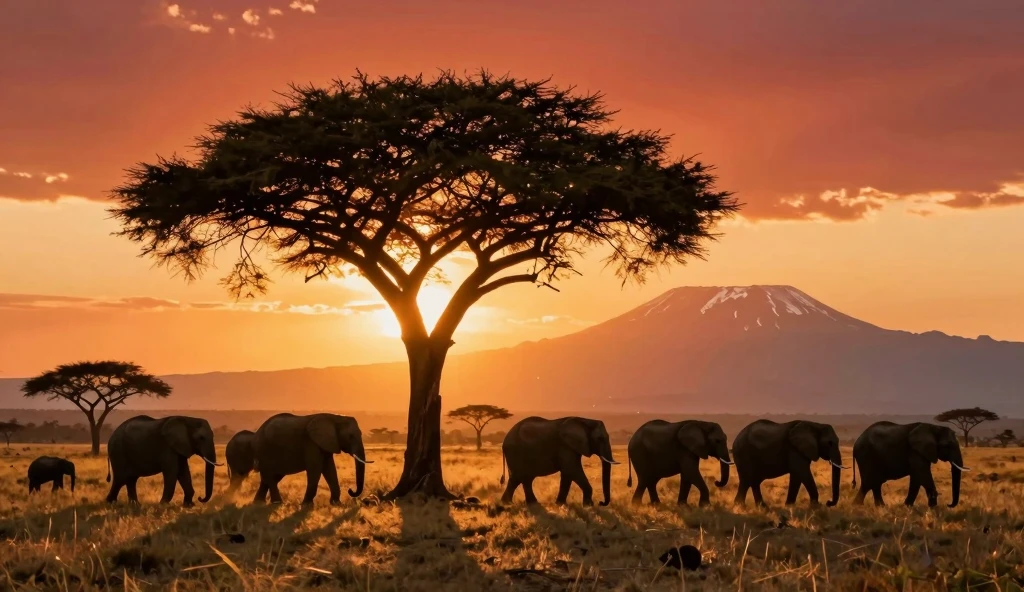 African Savanna Sunset: Majestic Elephants Roam Free