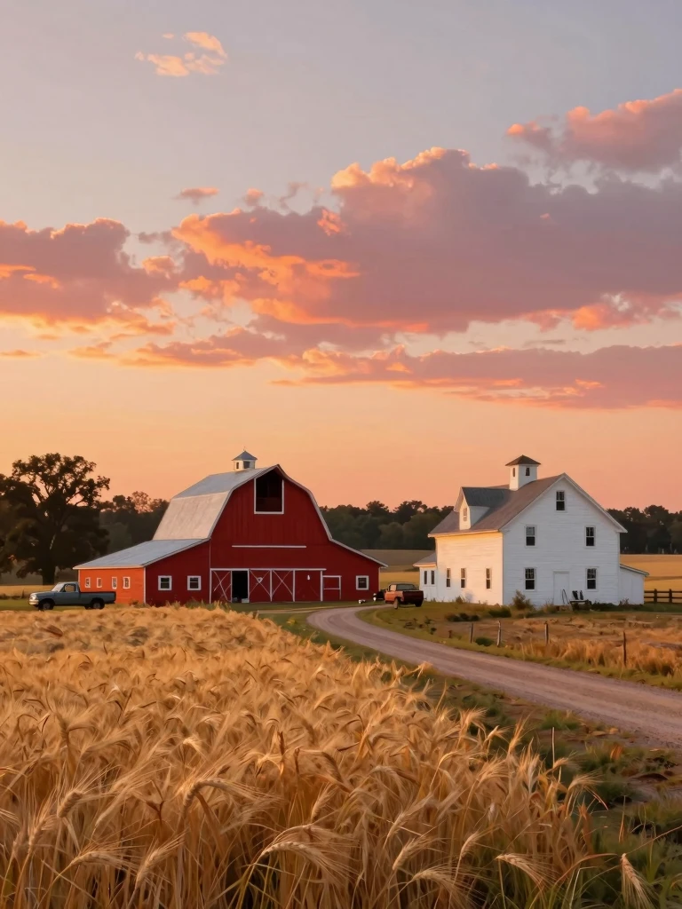 Serene Rural Farmhouse Scene at Sunset