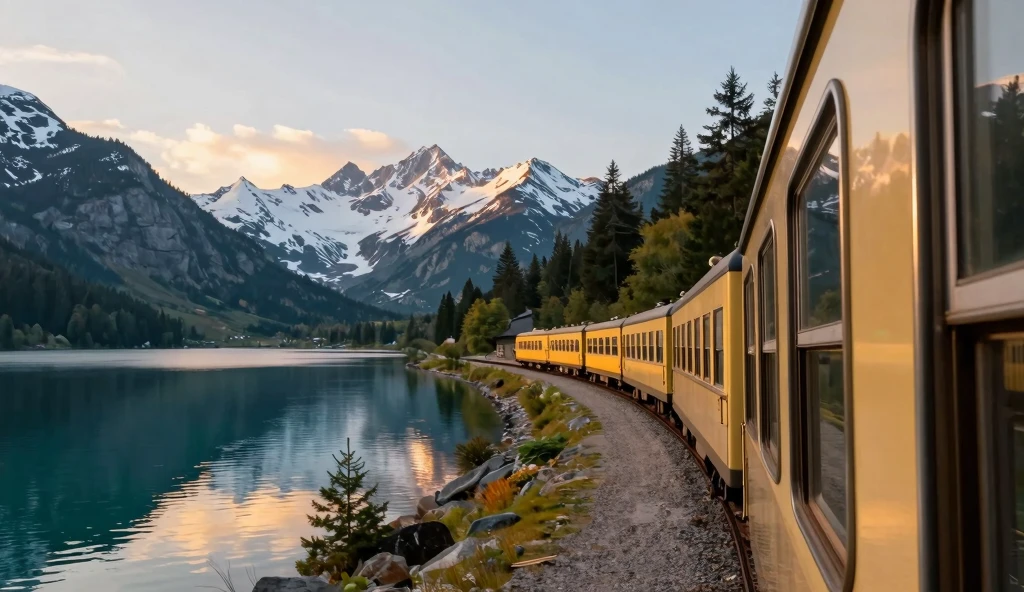 Golden Hour Train Ride: Serene Mountain Lake Landscape