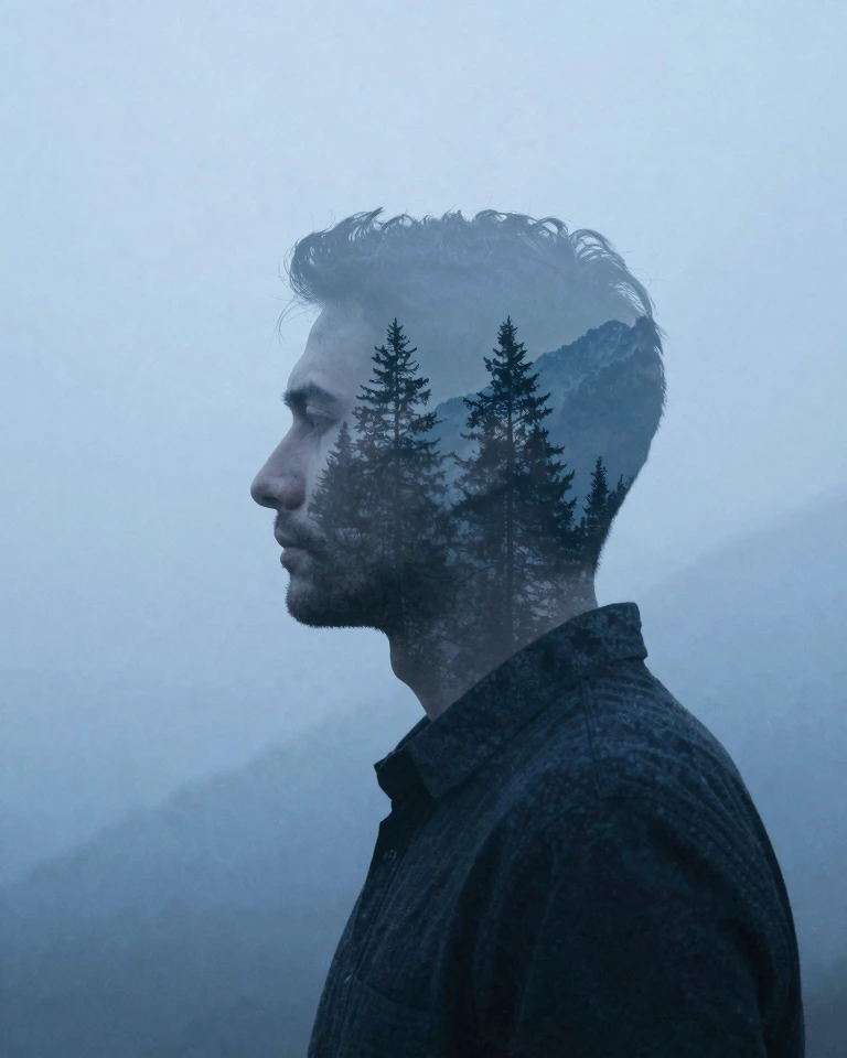 Surreal Double-Exposure Portrait: Man and Forest Blend