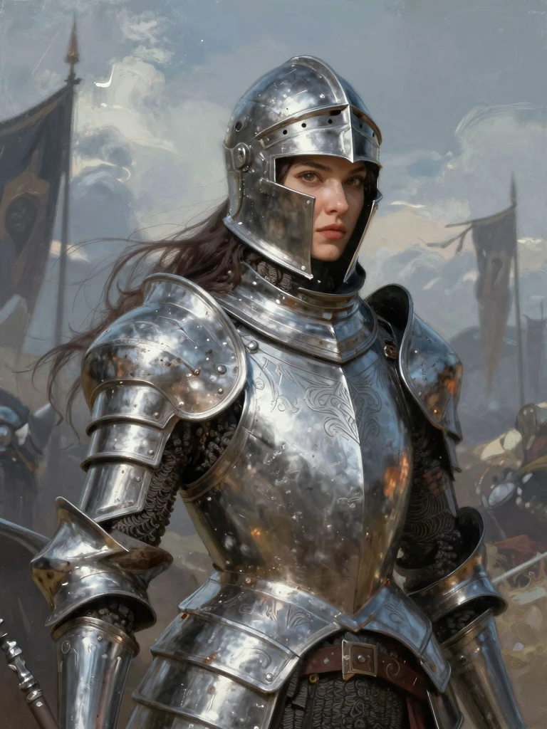 Female Knight in Silver Armor: A Regal Warrior Portrait Female Knight in Silver Armor: A Regal Warrior Portrait