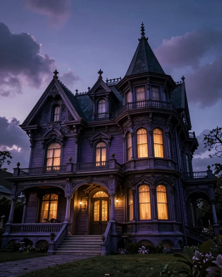 Whimsical Gothic Mansion at Twilight: A Victorian Masterpiece