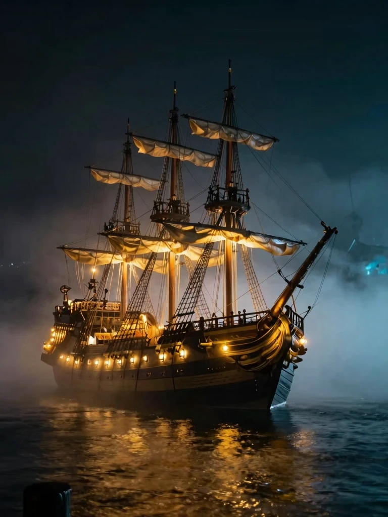 Pirate Ship Night Photography: Golden Lights on Dark Seas