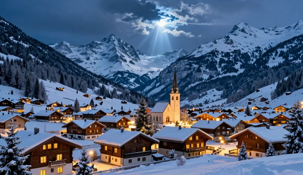 Snowy Alpine Village at Twilight: A Peaceful Christmas Eve Scene