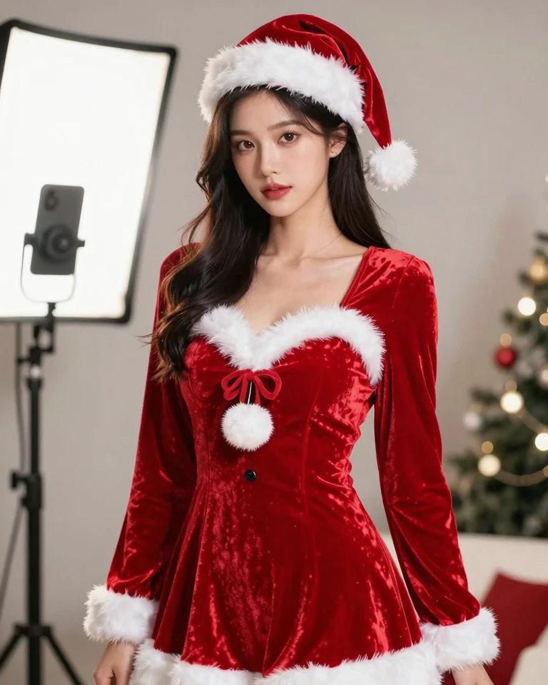 Santa-Inspired Fashion Portrait: Festive Red Velvet Outfit