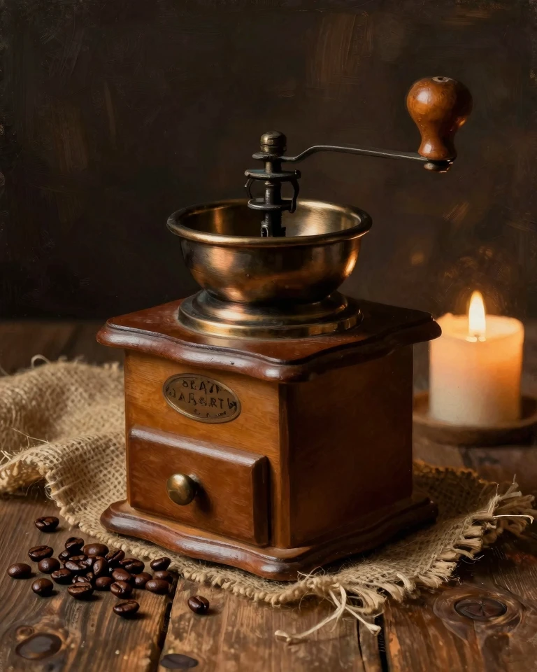Vintage Coffee Grinder Still Life in Dutch Golden Age Style