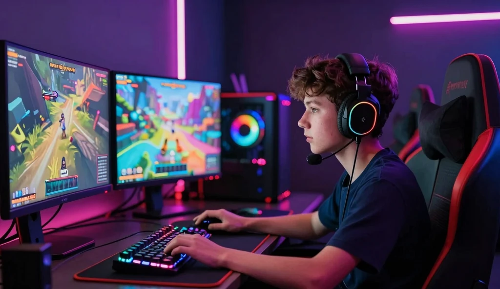 Vibrant Gaming Setup: Teenager Immersed in RGB Lighting