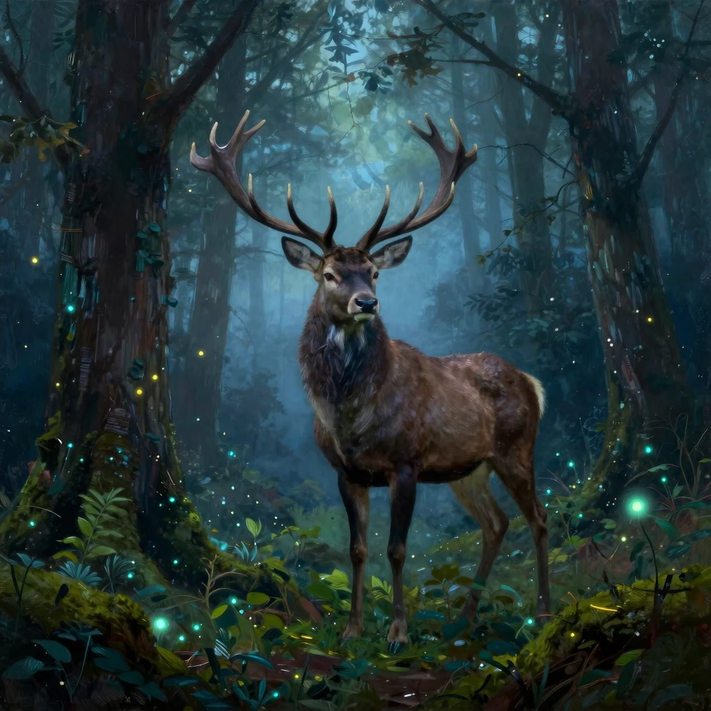 Mystical Enchanted Forest Oil Painting with Majestic Stag Mystical Enchanted Forest Oil Painting with Majestic Stag