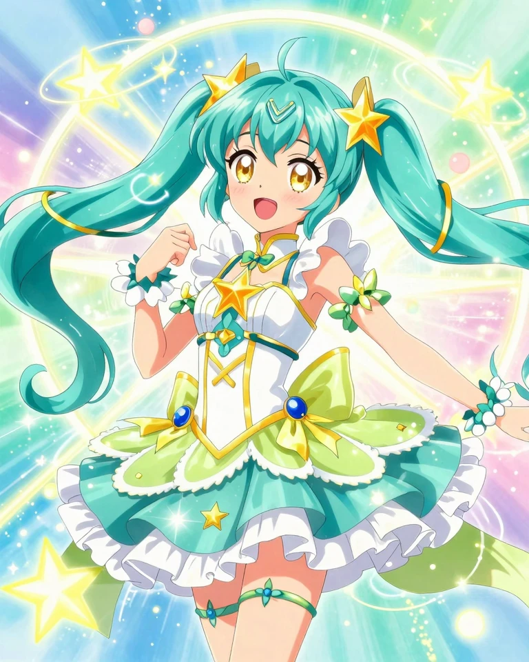 Magical Girl Anime Portrait: Teal Twin-Tails and Celestial Magic