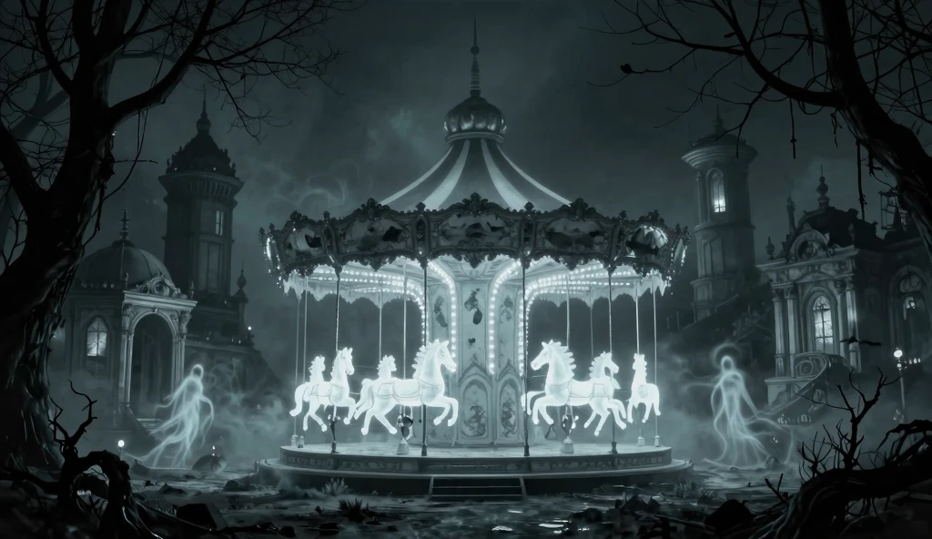 Ethereal Dystopia: Abandoned Cityscape in Monochromatic Twilight