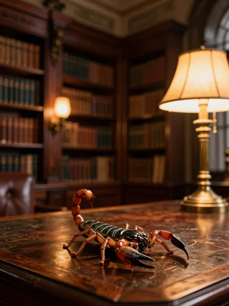 Vintage Library Ambiance with Scorpion: Cinematic Photography