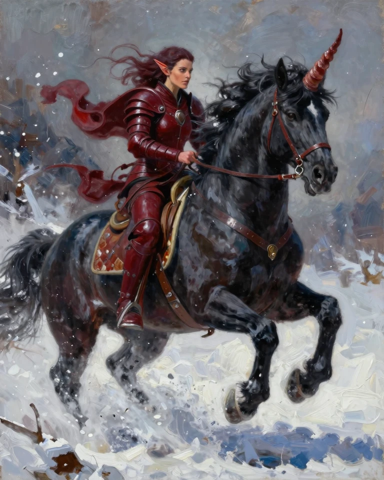 Mythic Winter Ride: Fierce Elf Rider on Majestic Unicorn