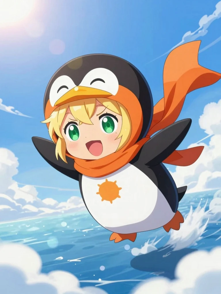 Anime Girl in Penguin Kigurumi Costume Soars Through Blue Skies