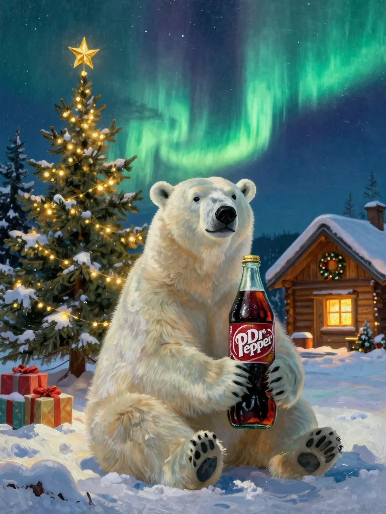 Majestic Polar Bear Enjoys Dr Pepper Under Northern Lights