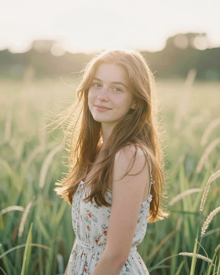 Soft Natural Light Portrait of a Young Woman in a Wild Grass Field